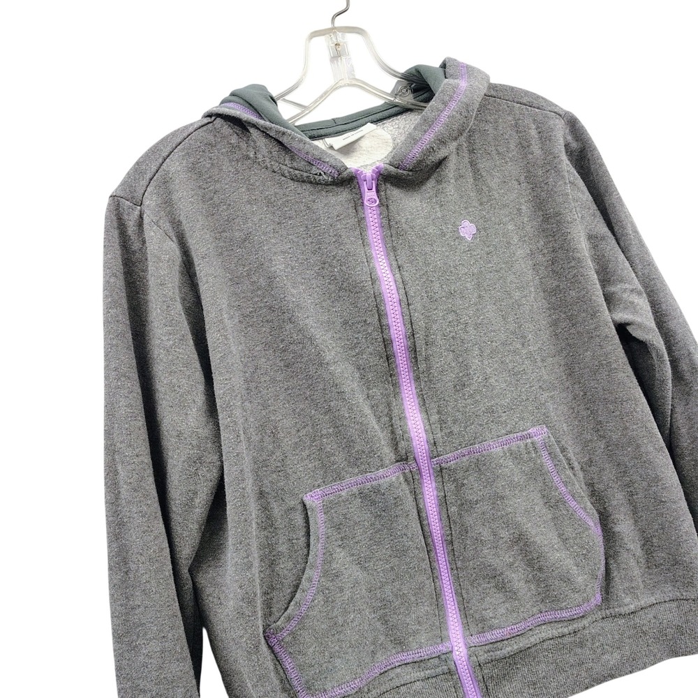 Girl Scouts Teen Large Gray Full Zip Hoodie Purple Trim Trefoil Logo‎ TORT049